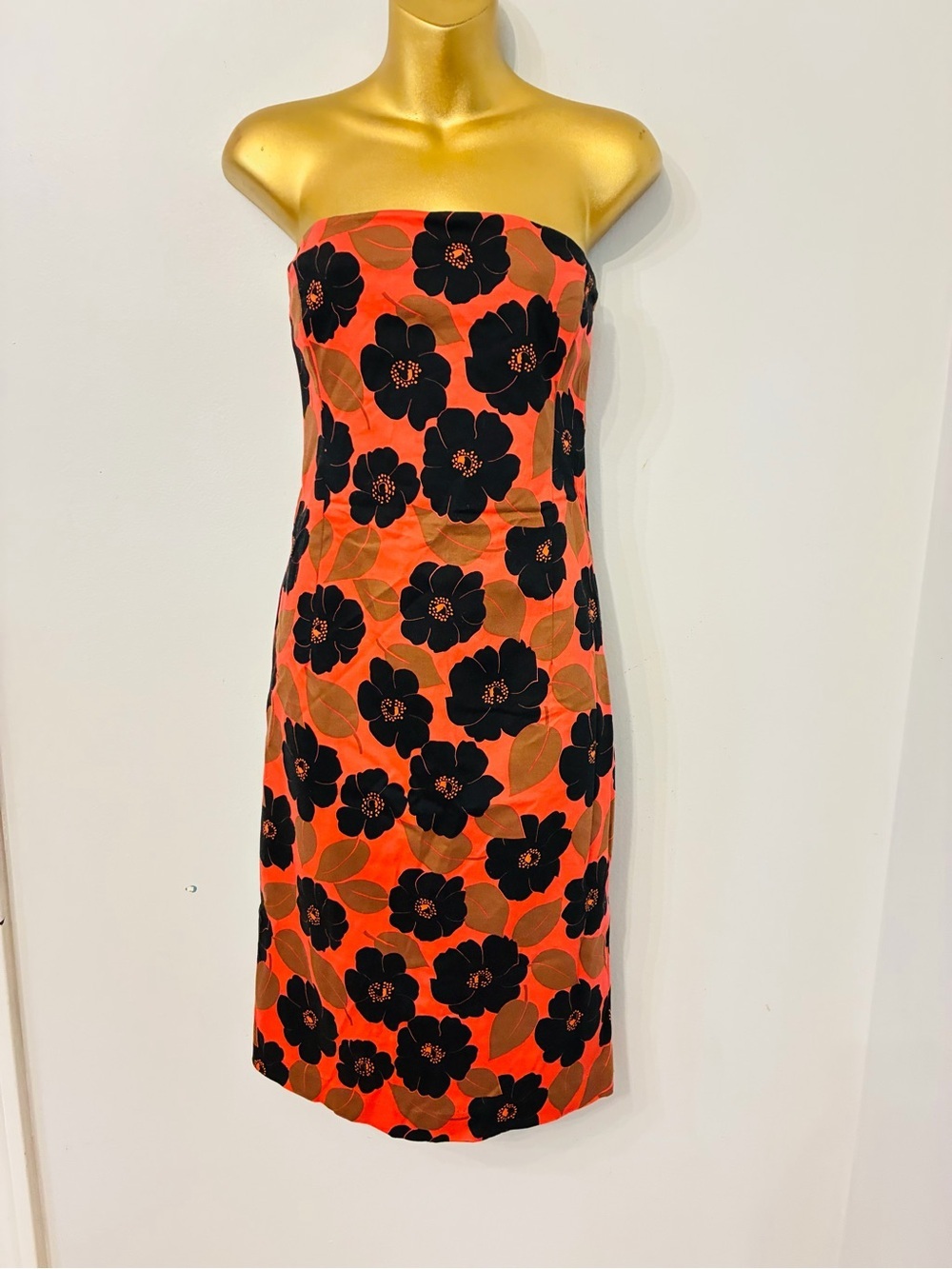 Helen Wang Strapless Floral Dress Orange Black Retro Midi Cocktail Dress - Picture 3 of 5